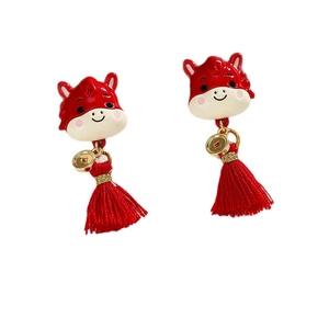 Chinese New Year red horse drop earrings with golden circle and tassel pendant