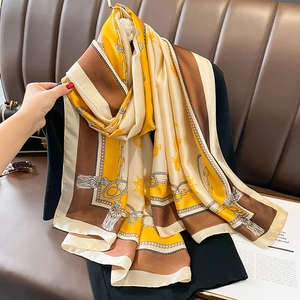 Elegant Faux Satin Scarf Nautical Print Anchor Chain Design Vacation Beach Sun Protection Shawl Wrap For Women