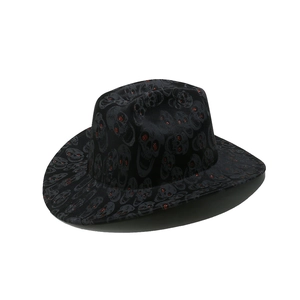 Black western cowboy hat with grey skull prints and red sequin eyes for Halloween parties
