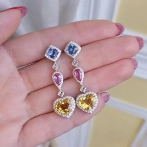 Colorful Zircon Dangle Earrings Copper Long Drop Heart Shaped Square Pear Stone Micro Pave Elegant Dreamy Princess Women