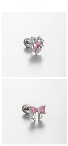 Detail of pink heart and bow cartilage studs with silver finish and screw ball backs
