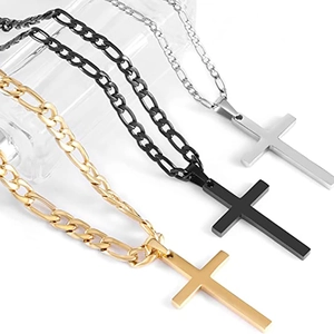Three minimalist stainless steel cross necklaces in gold, black, and silver finishes