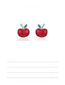 Macro shot of 925 sterling silver red enamel apple stud earrings with size and weight specs