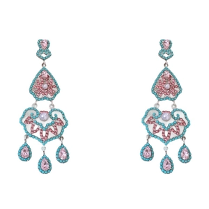Vintage style drop earrings with turquoise beads and pink rhinestones on white background