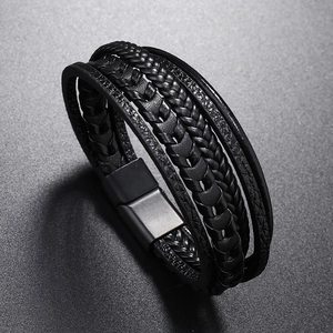 Bracelet multicouche en cuir tressé pour homme avec fermoir magnétique en métal noir