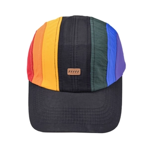Rainbow striped 5-panel baseball cap with black brim and brown leather FFFFF logo patch