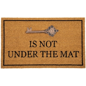 Detailed view of the natural coir fiber texture and Is Not Under The Mat printed text