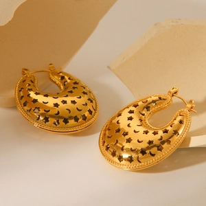 Star Moon Hollow Hoop Earrings Stainless Steel 18K Gold Plated Vintage Trendy Jewelry For Women