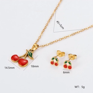 Cherry Pendant Necklace And Earrings Stainless Steel Enamel 18K Gold Plated Fruit Jewelry Fashion Elegant Accessory