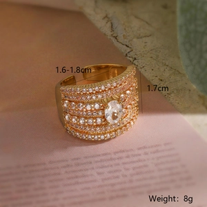 Detailed size view of gold zircon ring showing dimensions 1.7cm height and 8g weight