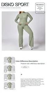 Plus size yoga set with zip-up jacket and high waist flared leggings in bean green color