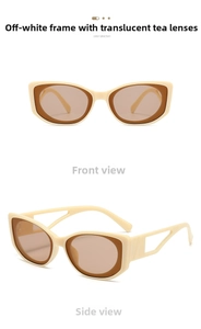 Detail view showing beige oval frame sunglasses with brown lenses and hollow temples