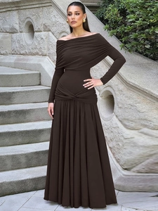 Chocolate brown off-the-shoulder long sleeve maxi dress with twisted waist detailing