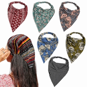 Women Cotton Triangle Hair Scarf Headband Elastic Floral Ethnic Geometric Print Headscarf Vintage Hair Accessory
