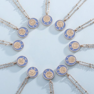 Constellation Zodiac Sign Pendant Necklace Stainless Steel Enamel Blue Round Coin Beaded Chain Fashion Jewelry Women