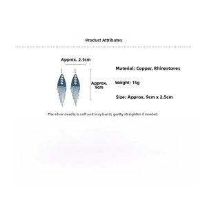 Detailed size specifications of blue beaded tassel triangle earrings with rhinestone inlay