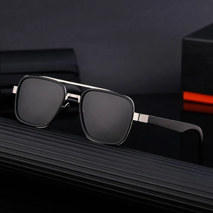 Classic square polarized sunglasses for men with silver-black frame and dark lenses