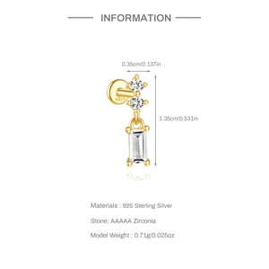Detail of S925 sterling silver earring with square AAAAA zirconia on a white background