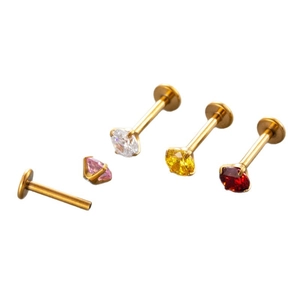 Titanium labret studs with colorful round cubic zirconia in gold finish for ear and lip