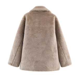 Rear view of brown faux shearling jacket showing thick warm texture and plush material
