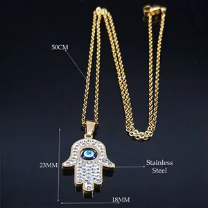 Gold stainless steel Hamsa Hand pendant necklace with Evil Eye and white zircons