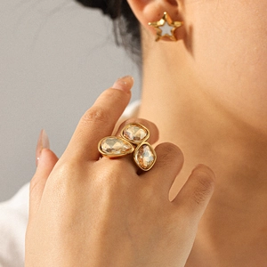 Women Cluster Ring 18K Gold Plated Stainless Steel Champagne Glass Gem Teardrop Oval Geometric Open Jewelry