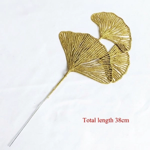 Detail showing a 38cm golden artificial ginkgo branch with three glitter leaves