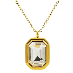 Golden stainless steel necklace featuring a rectangular emerald-cut clear zircon stone