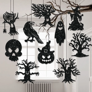 Halloween Hanging Decorations Glitter Paper Ornaments Haunted House Bar Party Horror Props Black Silhouette Skull Ghost Witch Pumpkin
