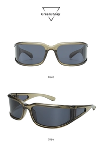 Front and side view of Y2K wraparound sunglasses in transparent green with gray lenses