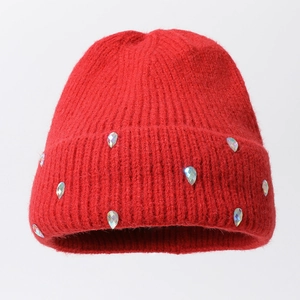 Red ribbed knit beanie with sparkling teardrop rhinestones for autumn and winter warmth
