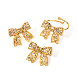 Elegant 18k gold plated stainless steel bow jewelry set with sparkling rhinestones