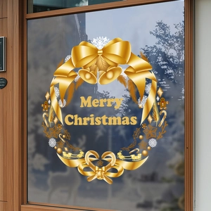 Christmas Window Stickers Golden Wreath Static Cling Decals Merry Christmas Pattern Glass Door Party Decor