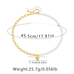 Detailed size chart for French gold paperclip necklace with shell pearl and heart pendant