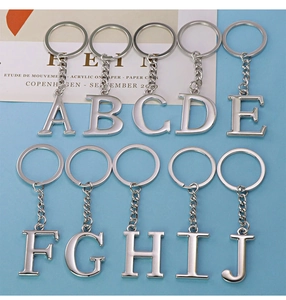 Silver metal letter keychains from A to J displayed neatly on a light blue background