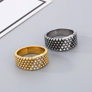 Stainless Steel Ring For Men Beaded Texture Multi Row Rhinestone Inlaid Hip Hop Punk Style Retro Geometric Jewelry