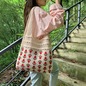 Knitted strawberry tote bag for women, stylish crochet shoulder bag for summer vacations