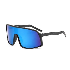 Matte black cycling sunglasses with large blue mirrored lens for outdoor sports