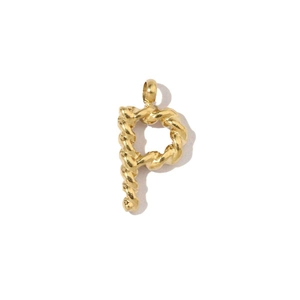 Macro shot of 18k gold plated titanium steel twisted letter P pendant charm