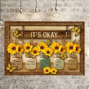 Macro shot of rustic wooden sunflower wall art with motivational quotes on a brick wall