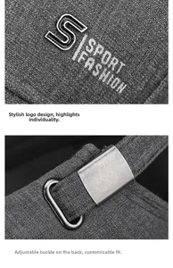 Detail of adjustable metal buckle and S SPORT logo on grey sports baseball cap