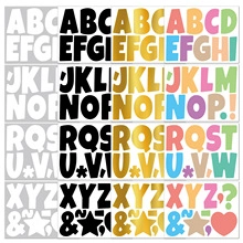 Detailed grid of glitter alphabet stickers in gold, black, white and macaron colors