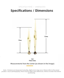 Detailed size chart for golden clock hands set 949 showing 90mm and 120mm measurements