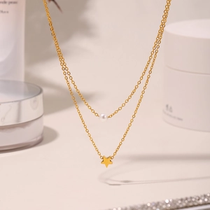 Double layered 18K gold plated stainless steel necklace with pearl and star pendants