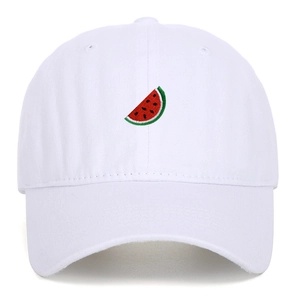 White cotton baseball cap with watermelon embroidery in a retro vintage wash style