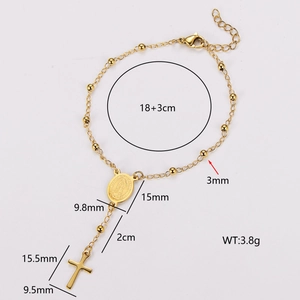 18k gold plated stainless steel rosary bracelet with cross and religious medal charms