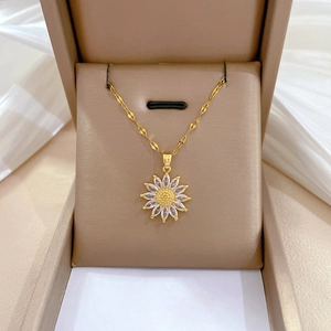 Sunflower Pendant Necklace Titanium Steel Chain Copper Micro Pave Zircon Flower Jewelry Gift For Women