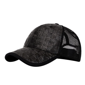 Men's summer black straw woven baseball cap with breathable mesh back and hard top design