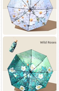 Parapluie pliable compact à 5 volets avec motif floral peint à la main pour soleil et pluie