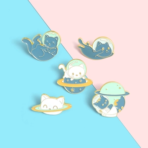 Set of 5 cute cartoon space cat enamel pins with space helmet and planet designs